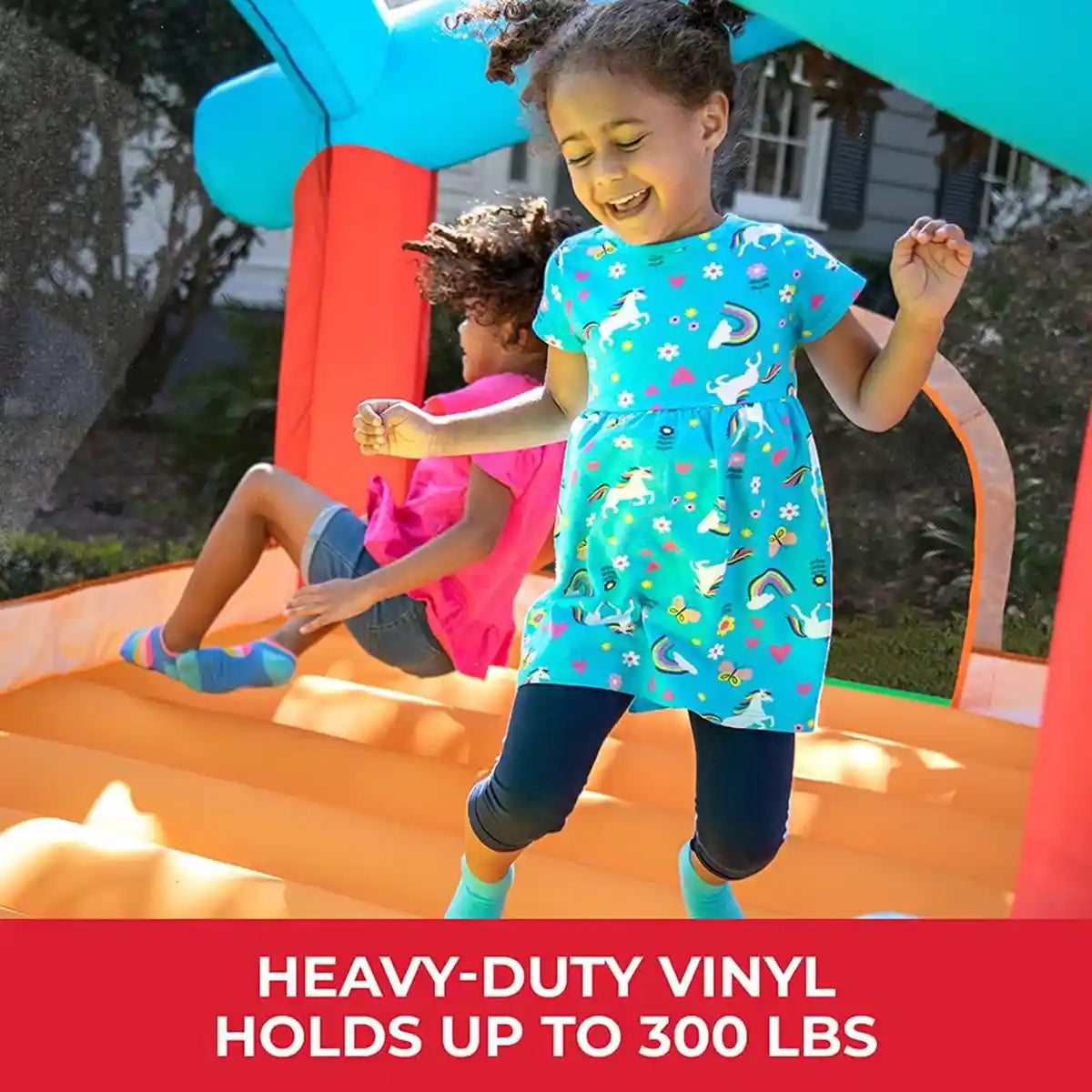 Step2 Play Yard Inflatable Bouncer, Kids Inflatable Bounce House with Motion-Activated Sounds, Blue, Outdoor Play, Slide and Jump, Ages 3+, Backyard Fun Toy
