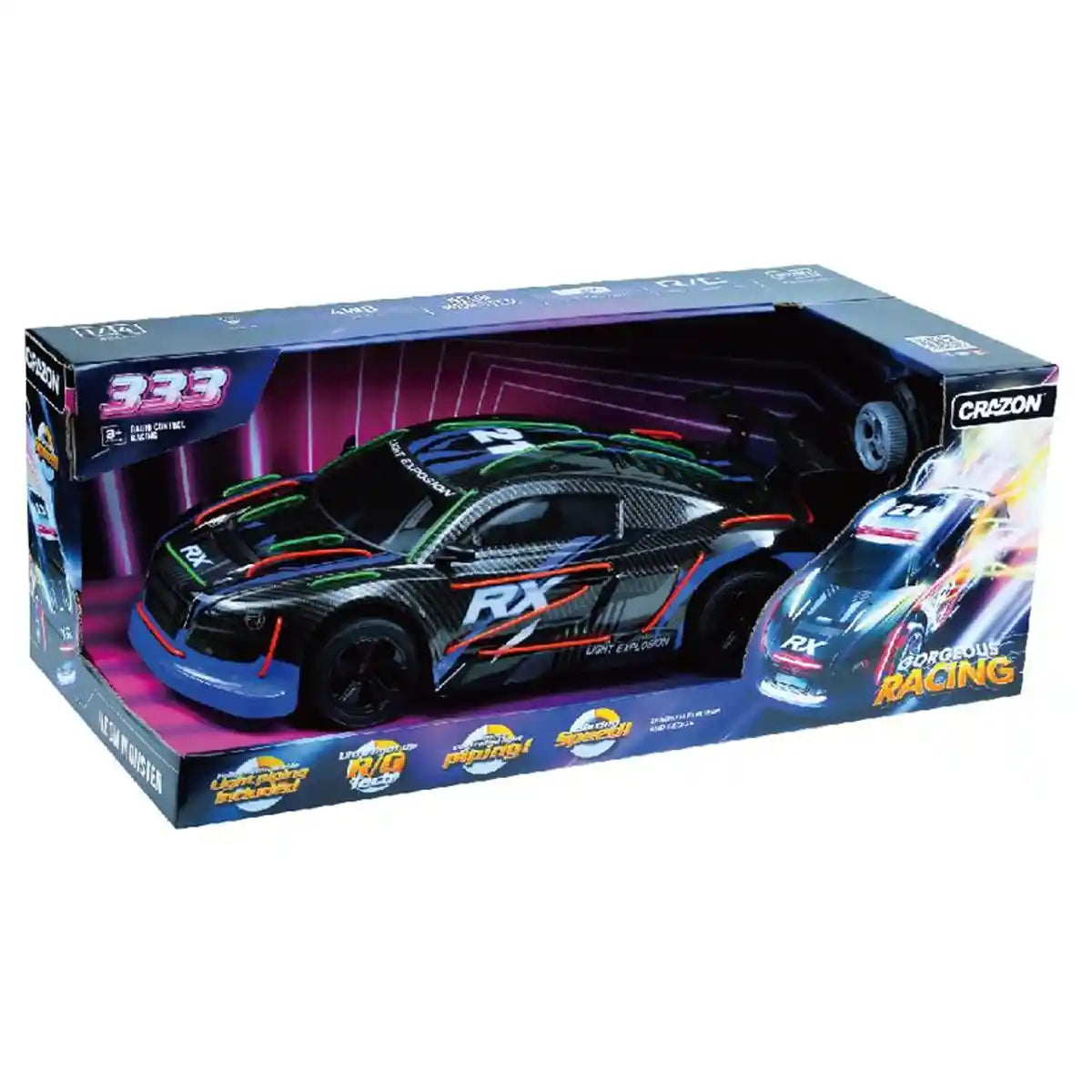 CRAZON 1:10 Racing Car with GL Wire Cool Lights – 2.4G Remote Control, 15km/h Speed, 25m Range, Ages 3+