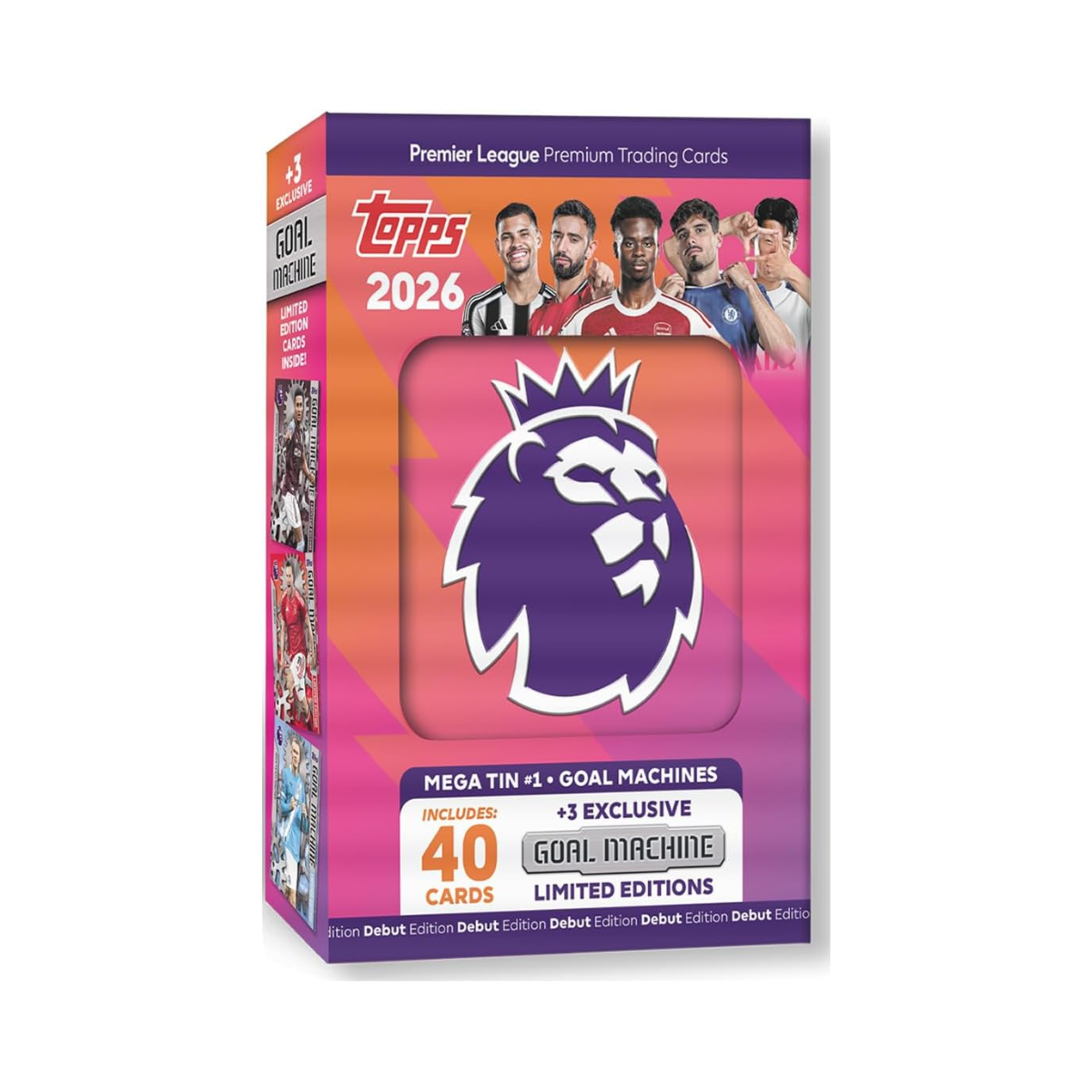 Topps Premier League 2025 2026 Football Trading Cards Mega Tin Goal Machines Edition, Includes 40 Cards and 3 Exclusive Limited Edition Cards, Official Premier League Collectibles