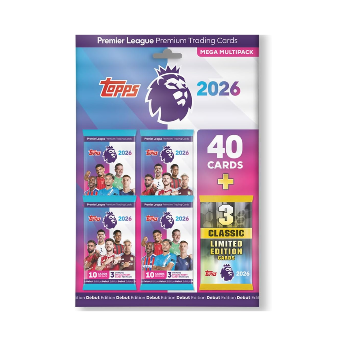 Topps Premier League 2025 2026 Football Trading Cards Mega Multipack, 40 Card Pack with Guaranteed Special Inserts and 3 Classic Limited Edition Cards, Official Premier League Collectible