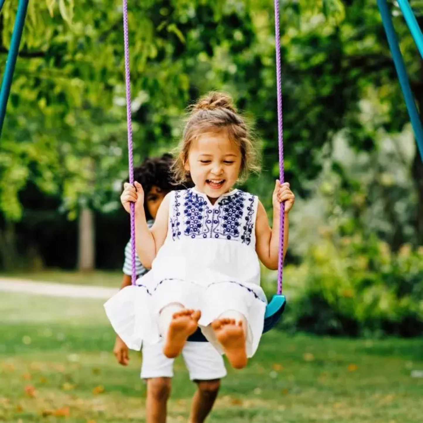 Plum 2 in 1 Metal Swing Set, Outdoor Swing with Height Adjustability and Interchangeable Seats, 50kg Weight Capacity, Suitable for Children both Boys and Girls Aged 12 Months and Above, Blue