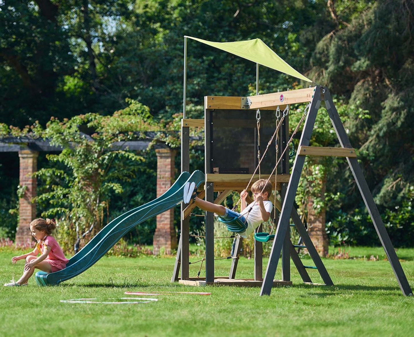 Plum® Siamang Wooden Playcentre, Swing and Slide Set, FSC® Certified Climbing Frame with Sandpit & Sunshade, Outdoor Play Set, Ages 3+