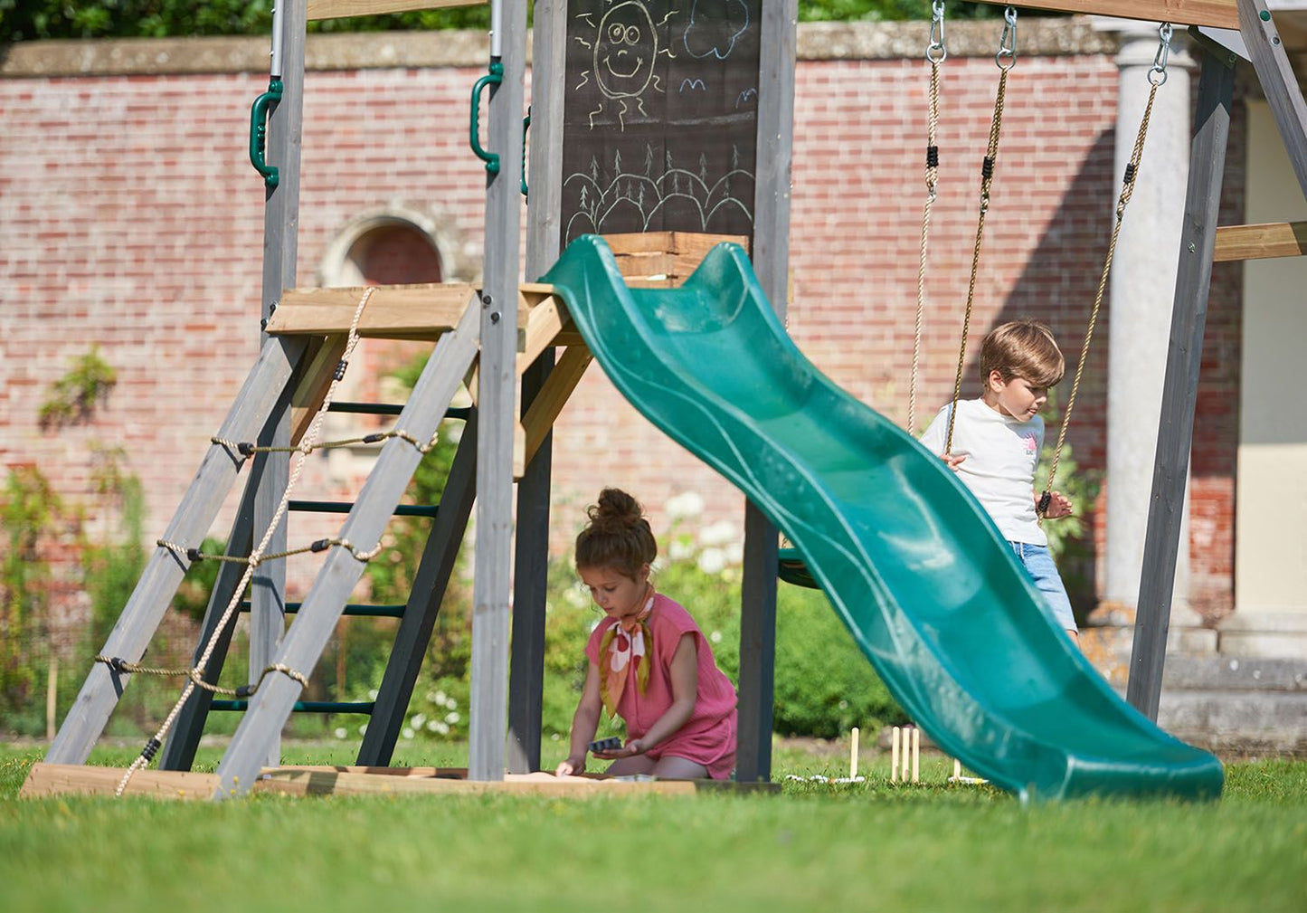 Plum® Siamang Wooden Playcentre, Swing and Slide Set, FSC® Certified Climbing Frame with Sandpit & Sunshade, Outdoor Play Set, Ages 3+