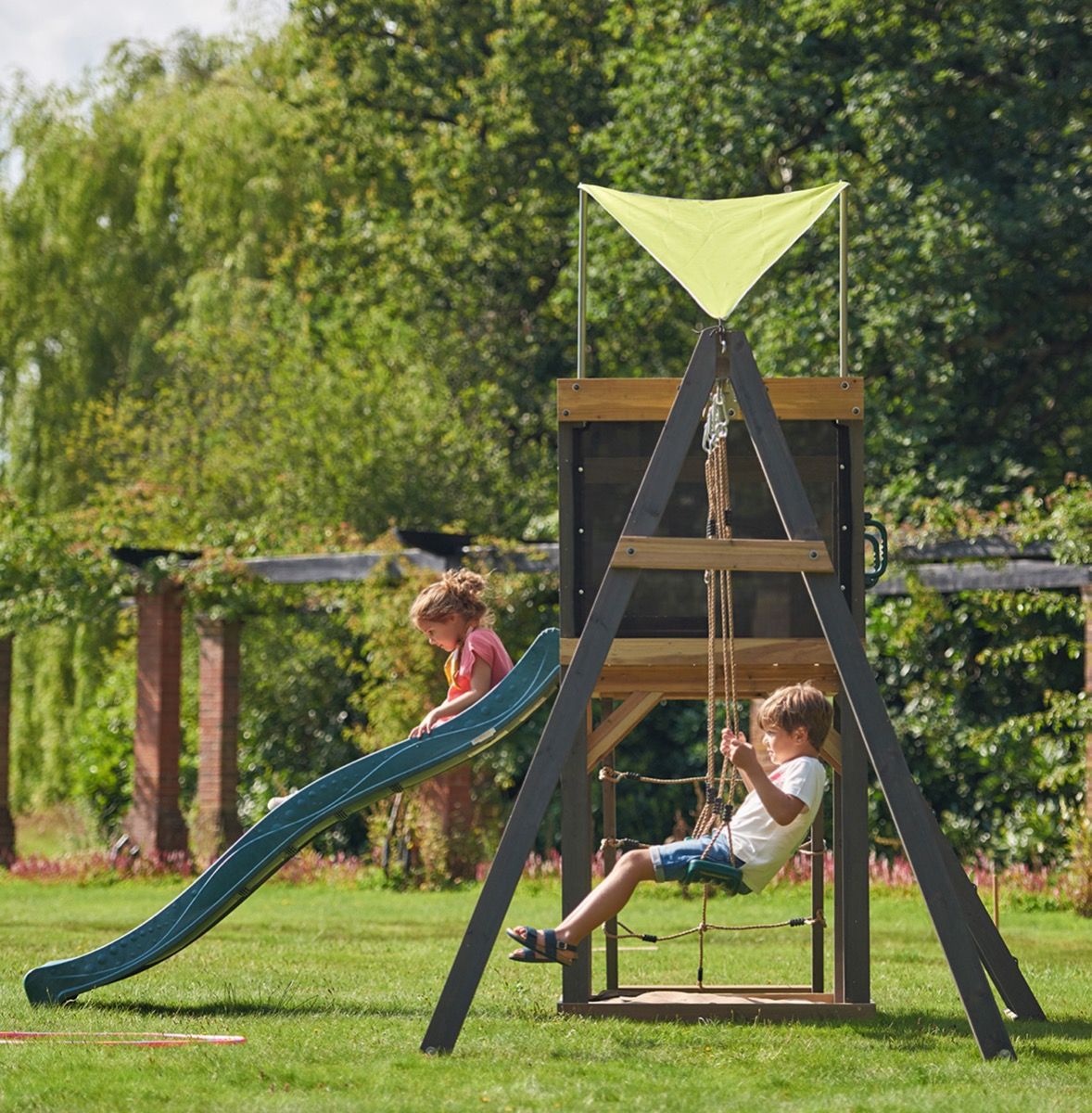 Plum® Siamang Wooden Playcentre, Swing and Slide Set, FSC® Certified Climbing Frame with Sandpit & Sunshade, Outdoor Play Set, Ages 3+