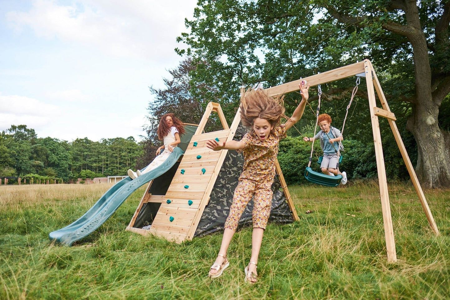 Plum Climbing Pyramid Wooden Playcentre, Slide and Double Swings, FSC® Timber Outdoor Climbing Frame, Backyard Adventure Play Set, Ages 3+