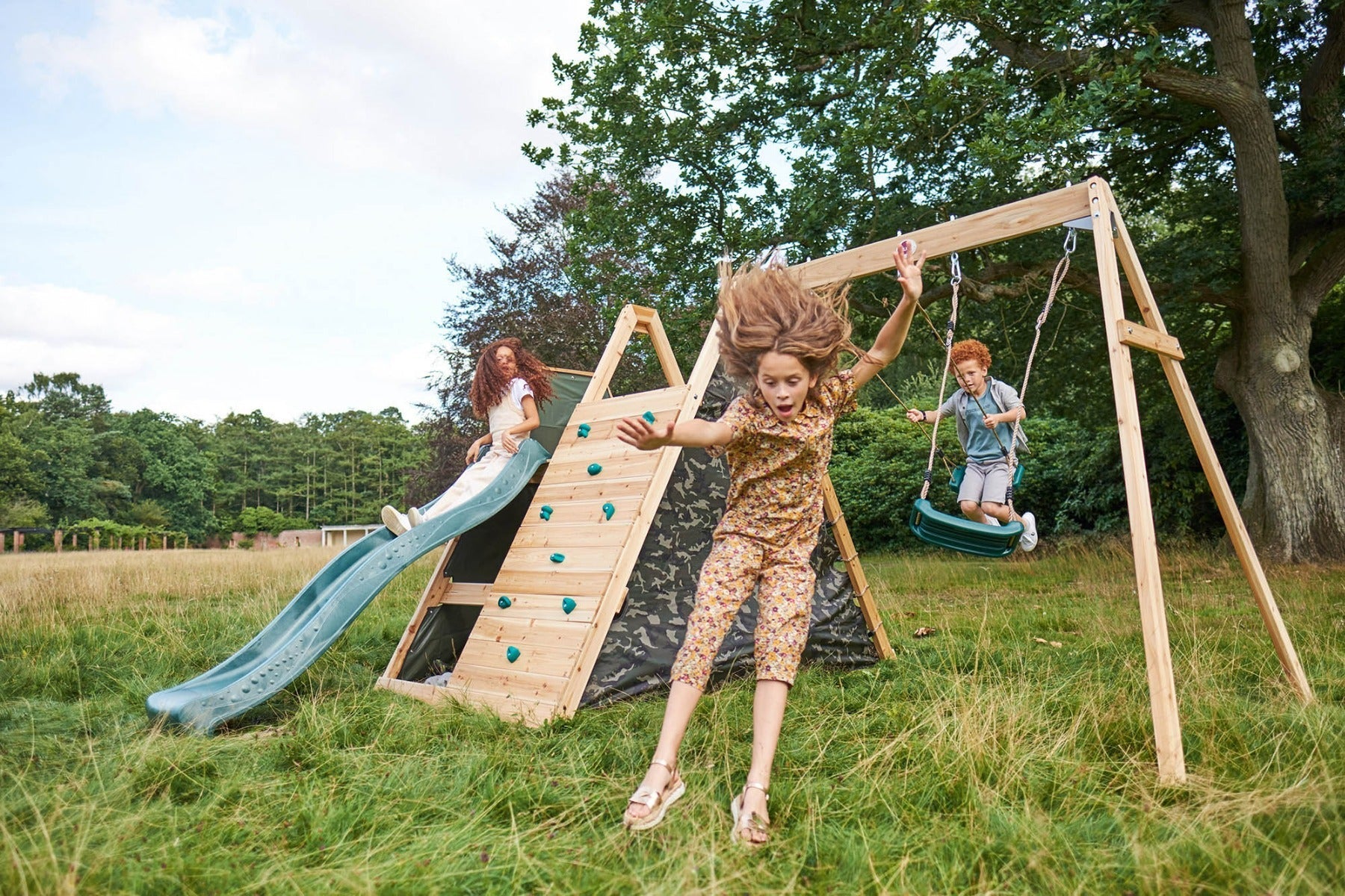 Plum Climbing Pyramid Wooden Playcentre, Slide and Double Swings, FSC® Timber Outdoor Climbing Frame, Backyard Adventure Play Set, Ages 3+