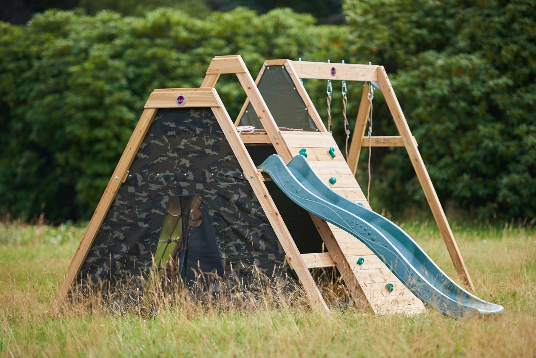 Plum Climbing Pyramid Wooden Playcentre, Slide and Double Swings, FSC® Timber Outdoor Climbing Frame, Backyard Adventure Play Set, Ages 3+
