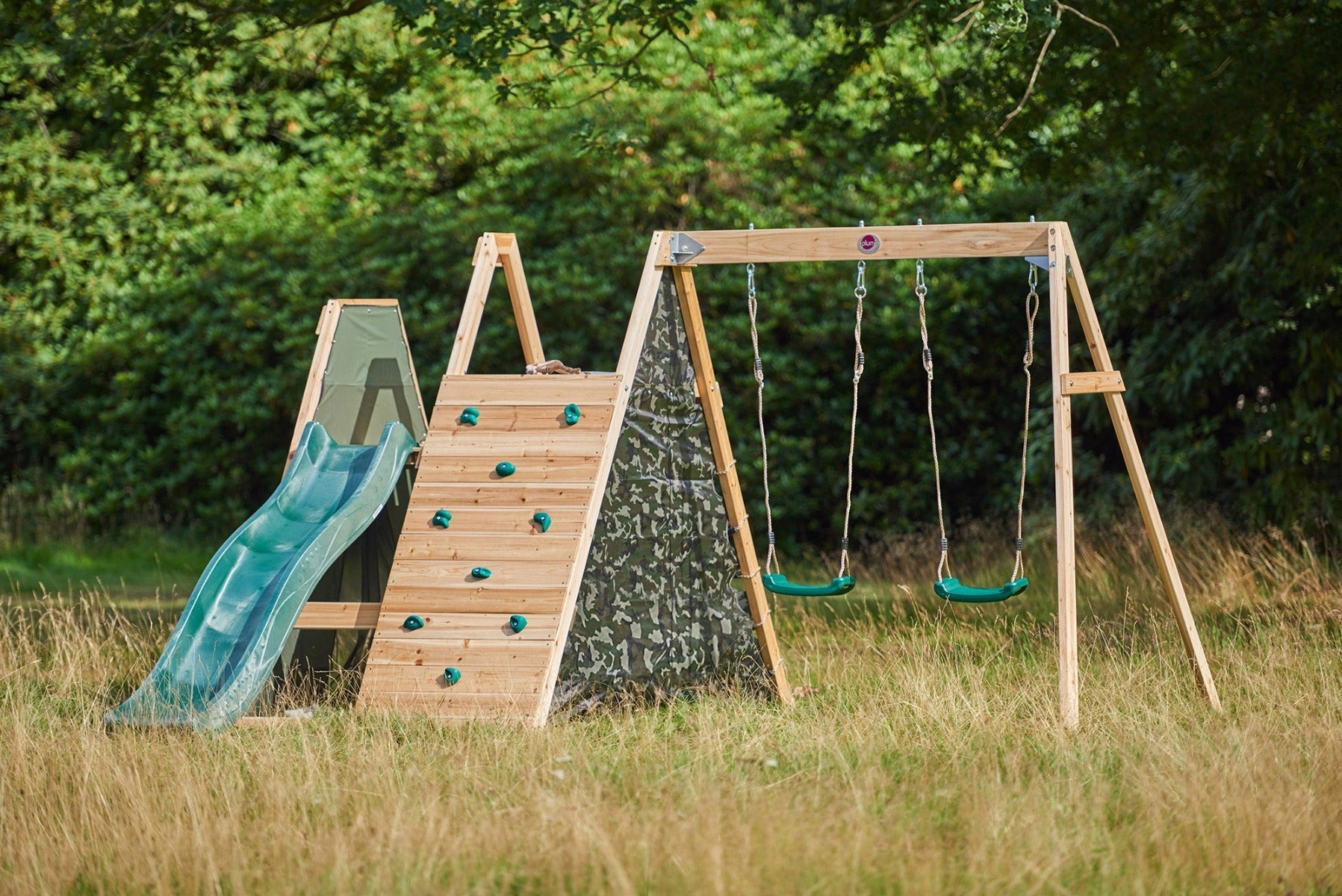 Plum Climbing Pyramid Wooden Playcentre, Slide and Double Swings, FSC® Timber Outdoor Climbing Frame, Backyard Adventure Play Set, Ages 3+