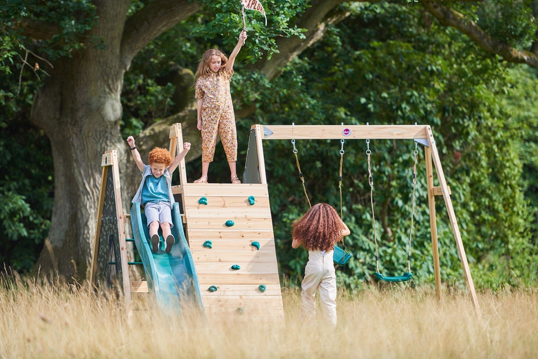 Plum Climbing Pyramid Wooden Playcentre, Slide and Double Swings, FSC® Timber Outdoor Climbing Frame, Backyard Adventure Play Set, Ages 3+