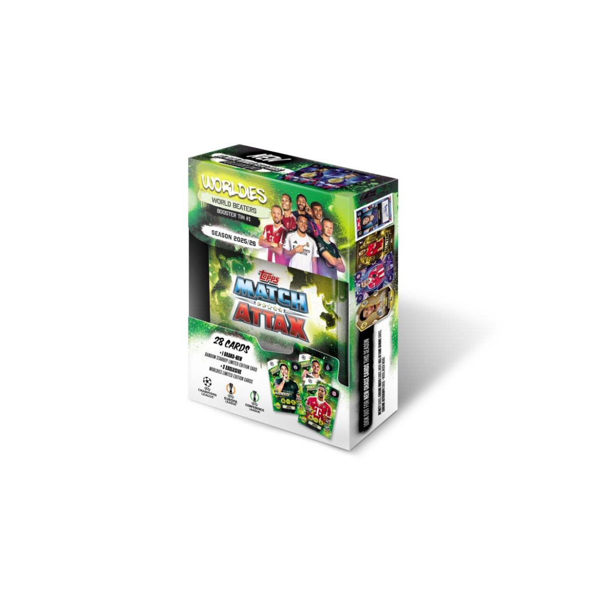 Topps Match Attax UCC 2025 2026 Mini Tin Collectible Football Trading Cards with 32 Cards and Exclusive Worldies Limited Editions, Official UEFA Licensed, Assorted Tin