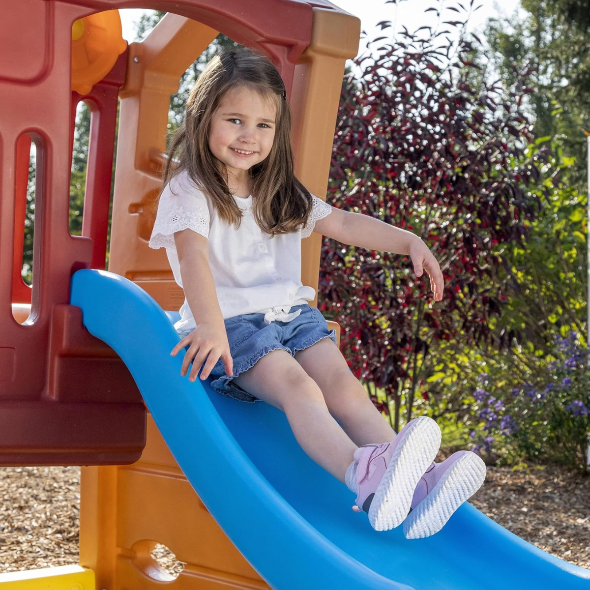 Step2 Double Slide Climber, Brown, Two-Tier Outdoor Climber with Ladder, Rock Wall & Rotating Steering Wheel