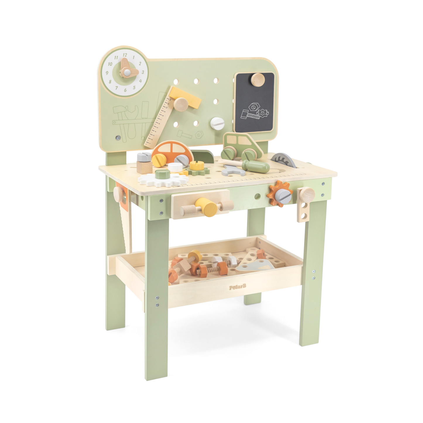 PolarB Wooden Tool Bench Play Set for Kids, Includes Saw, Hammer, Screwdriver, Gears and DIY Car Building Accessories, Encourages Imaginative Role Play and Fine Motor Skills