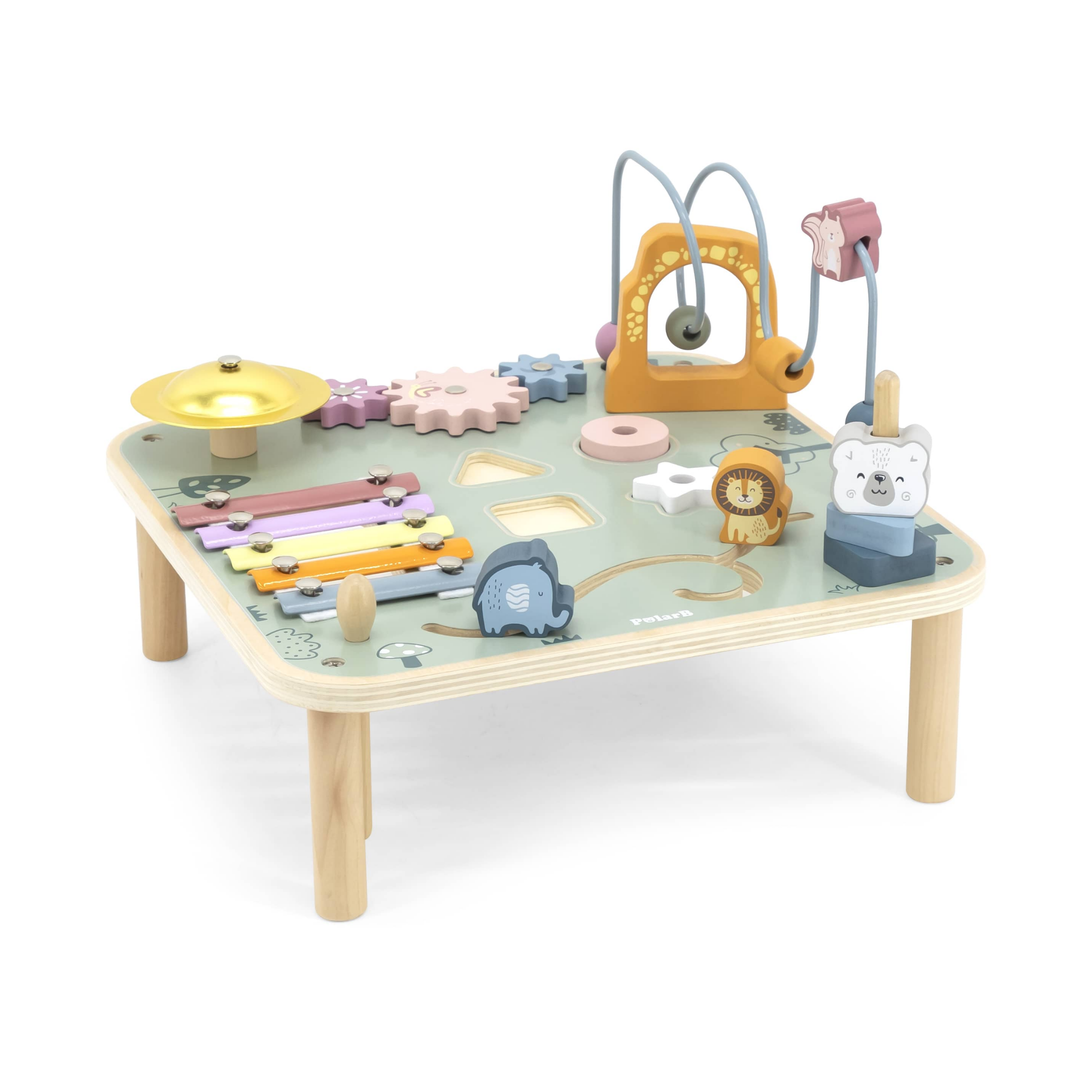 PolarB Wooden Activity Table for Kids Age 3 and Up, Durable Educational Toy with Gears, Beads, Blocks, Xylophone and More