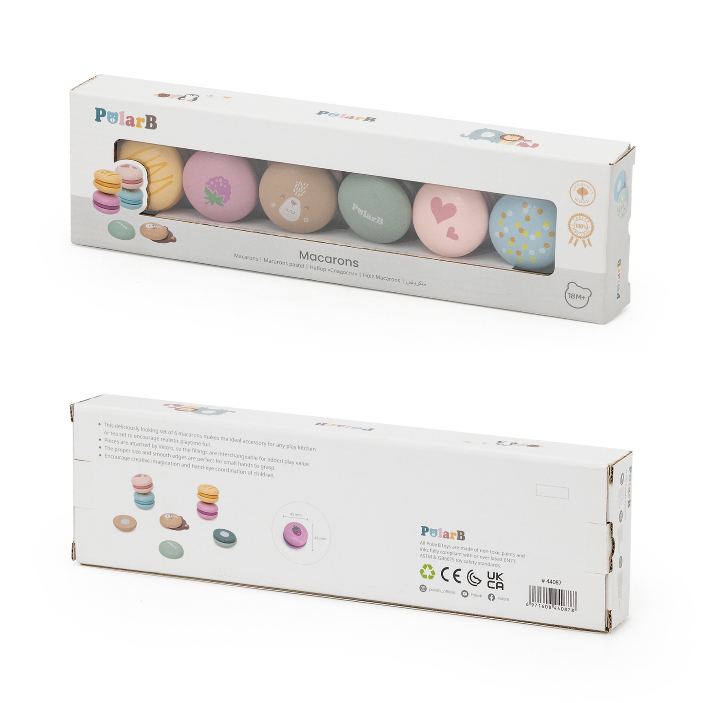 PolarB Wooden Macarons Play Set, 6-Piece Pretend Food Toy for Kids, Safe, Colorful and Imaginative Role Play for Toddlers and Preschoolers Ages 2 and Up