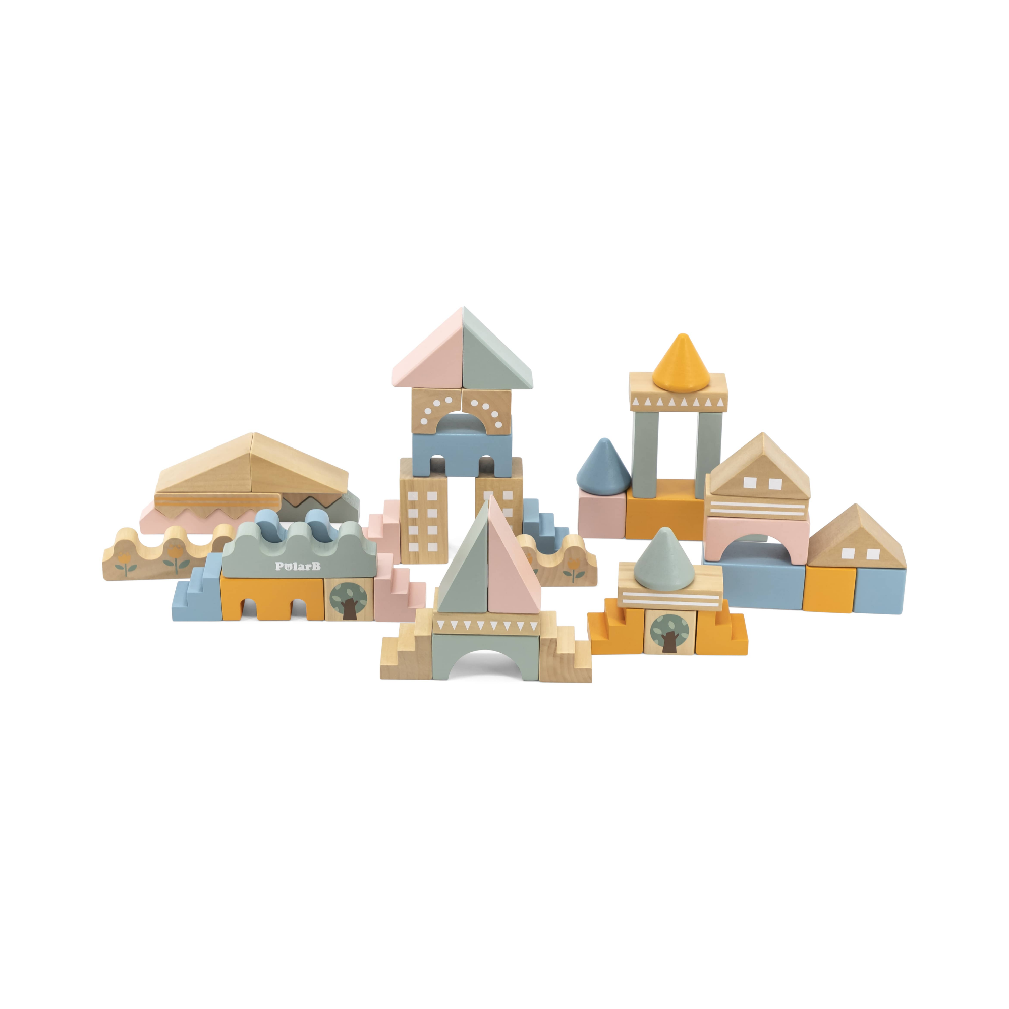 PolarB City Building Blocks Set for Toddlers, 60-Piece Wooden Construction Toy with Vehicles and Accessories, Educational and Imaginative Play for Ages 2 and Up