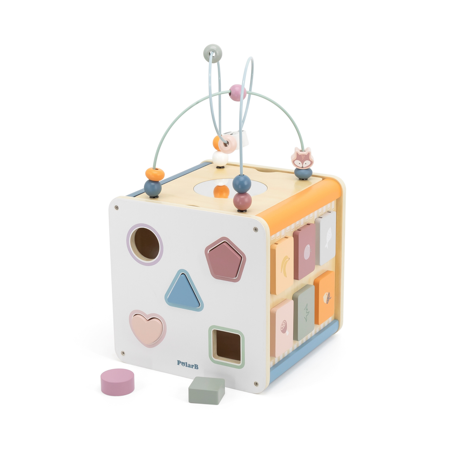 PolarB 8-in-1 Wooden Activity Cube for Toddlers, Sensory Learning Toy with Xylophone, Shape Sorter, Bead Maze, Mirror, Blackboard and More, Develops Fine Motor Skills and Creativity
