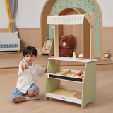 PolarB Wooden Market Stall for Kids, Includes 18 Play Food Accessories and Cash Register, Pretend Grocery Store with Bell, Blackboard and Display Shelves, Educational Toy for Ages 3 to 8