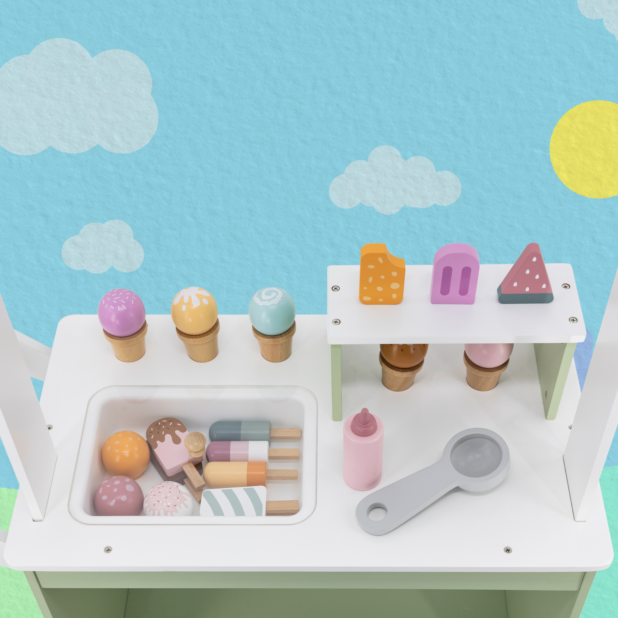 PolarB Wooden Ice Cream Cart, Large Pretend Play Trolley with Magnetic Scoop, Cones, Popsicles and Blackboard, Role Play Toy for Kids Ages 3+
