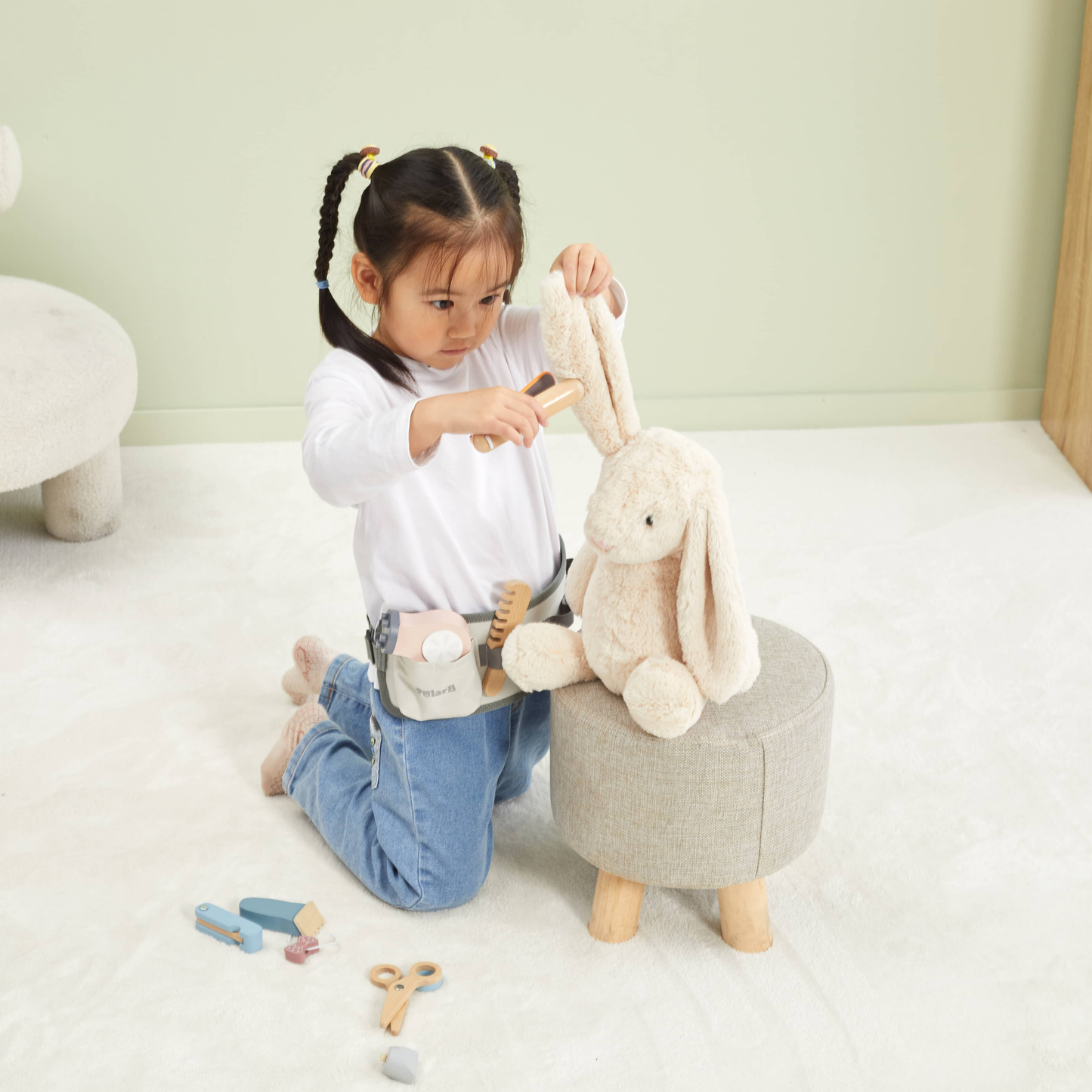 PolarB Wooden Hair Dressing Set for Kids, Pretend Play Hairdresser Toy with Adjustable Belt, Scissors, Comb, Dryer and Accessories, Age 3 and Up
