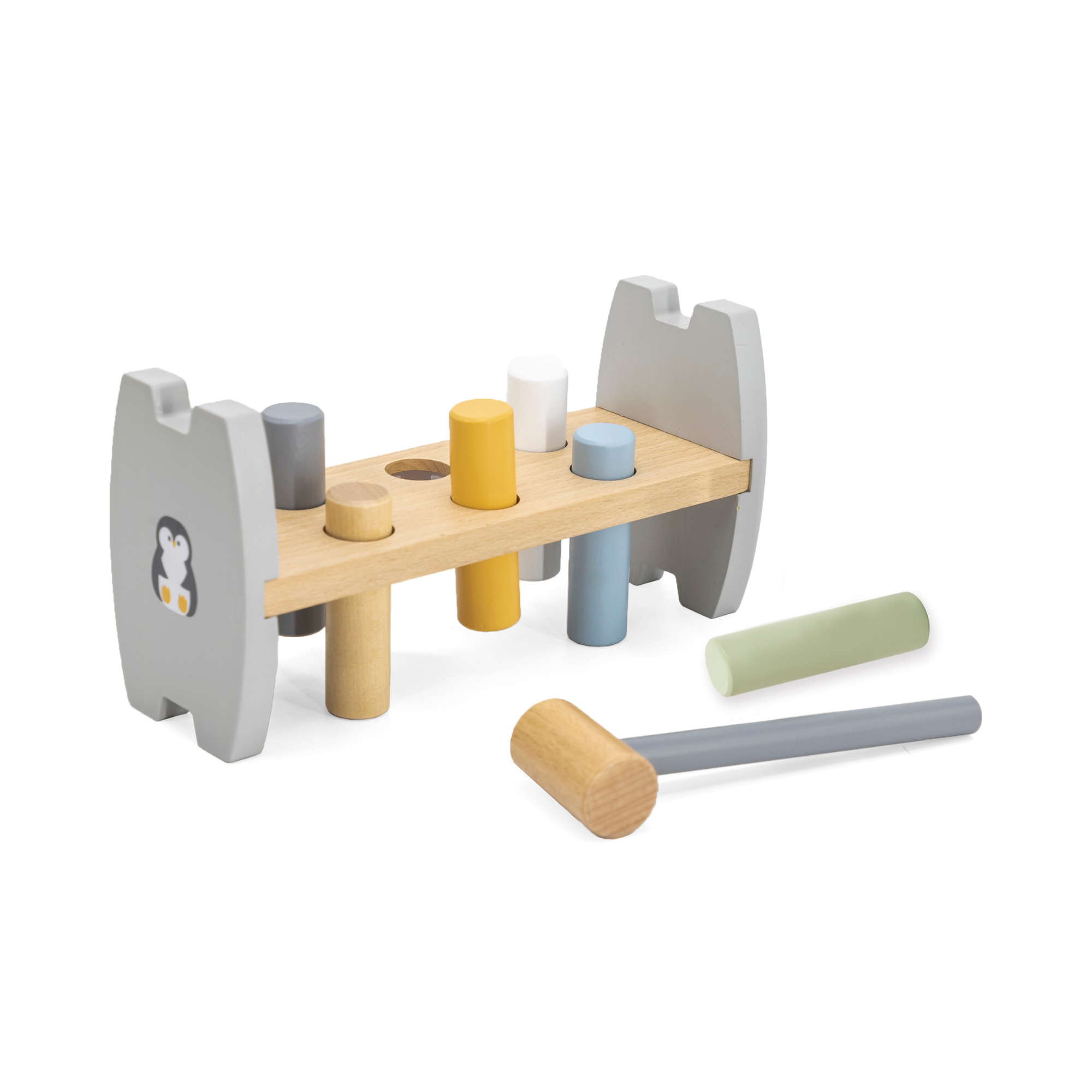 PolarB Penguin Stacker and Pounding Bench, 2-in-1 Wooden Baby Toy with Wobble Stacker and Hammer Bench, Develops Fine Motor Skills and Hand-Eye Coordination, For Ages 12 Months and Up