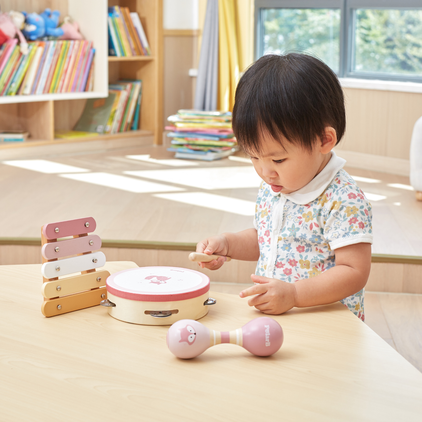 PolarB Fox Wooden Music Set for Toddlers, Includes Tambourine, Maracas and Xylophone, Musical Instrument Toy Kit for Early Learning and Creative Play, 18 Months and Up