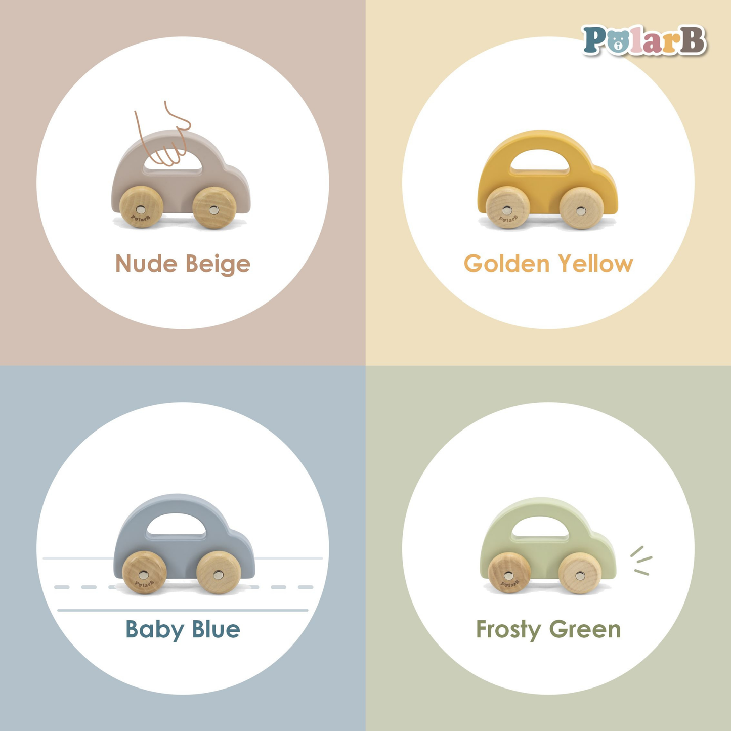 PolarB Wooden Car Push and Pull Toy for Babies, Montessori-Inspired Natural Wood Vehicle with Smooth Wheels, Pastel Tones, Safe for 6 Months and Up, Blue