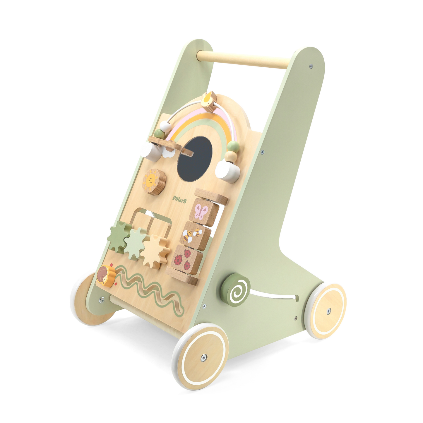 PolarB Wooden Baby Walker for Toddlers with Educational Activities and Toy Storage, Includes Shape Sorter, Mirror, Beads, Gears and More, For Ages 18 Months and Up