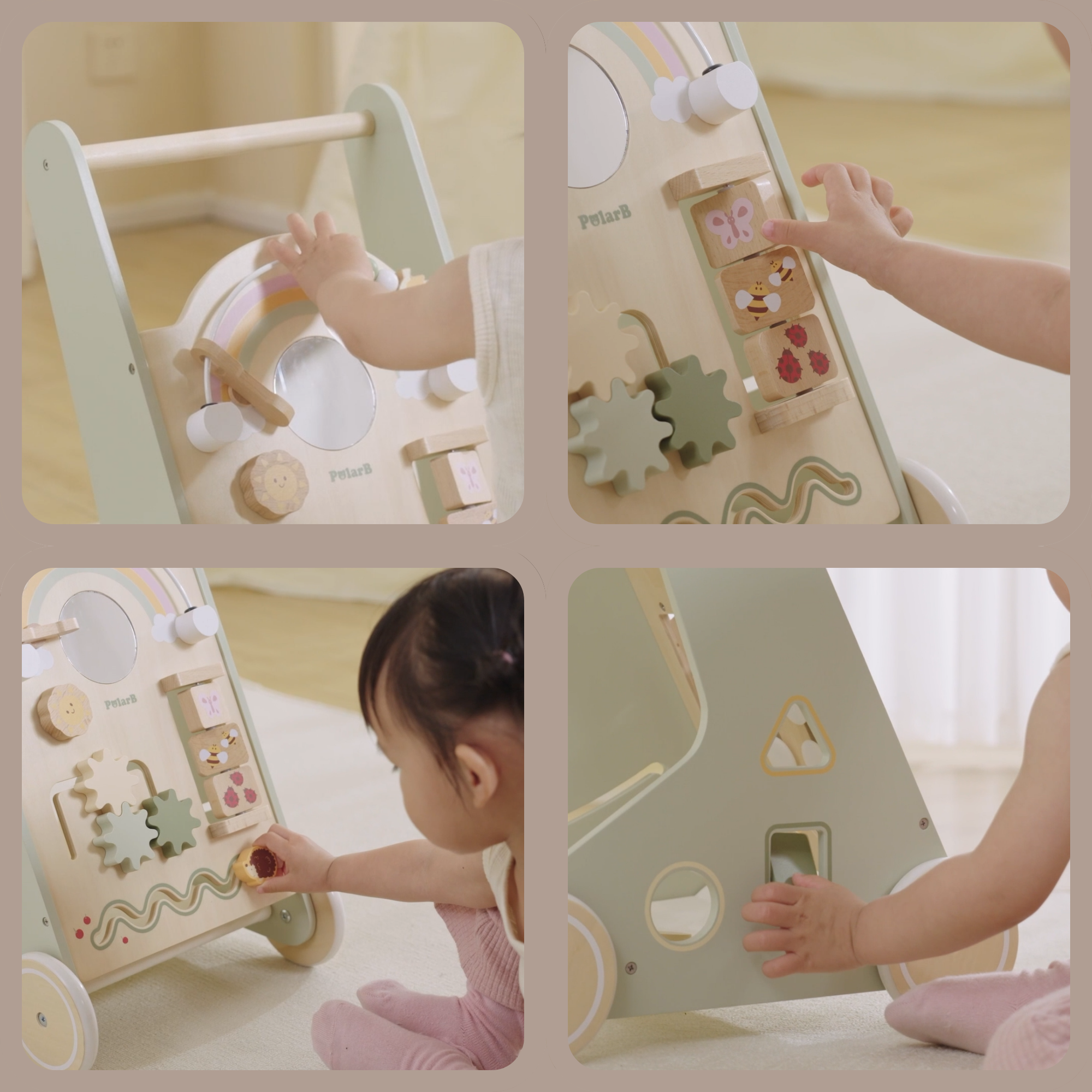 PolarB Wooden Baby Walker for Toddlers with Educational Activities and Toy Storage, Includes Shape Sorter, Mirror, Beads, Gears and More, For Ages 18 Months and Up