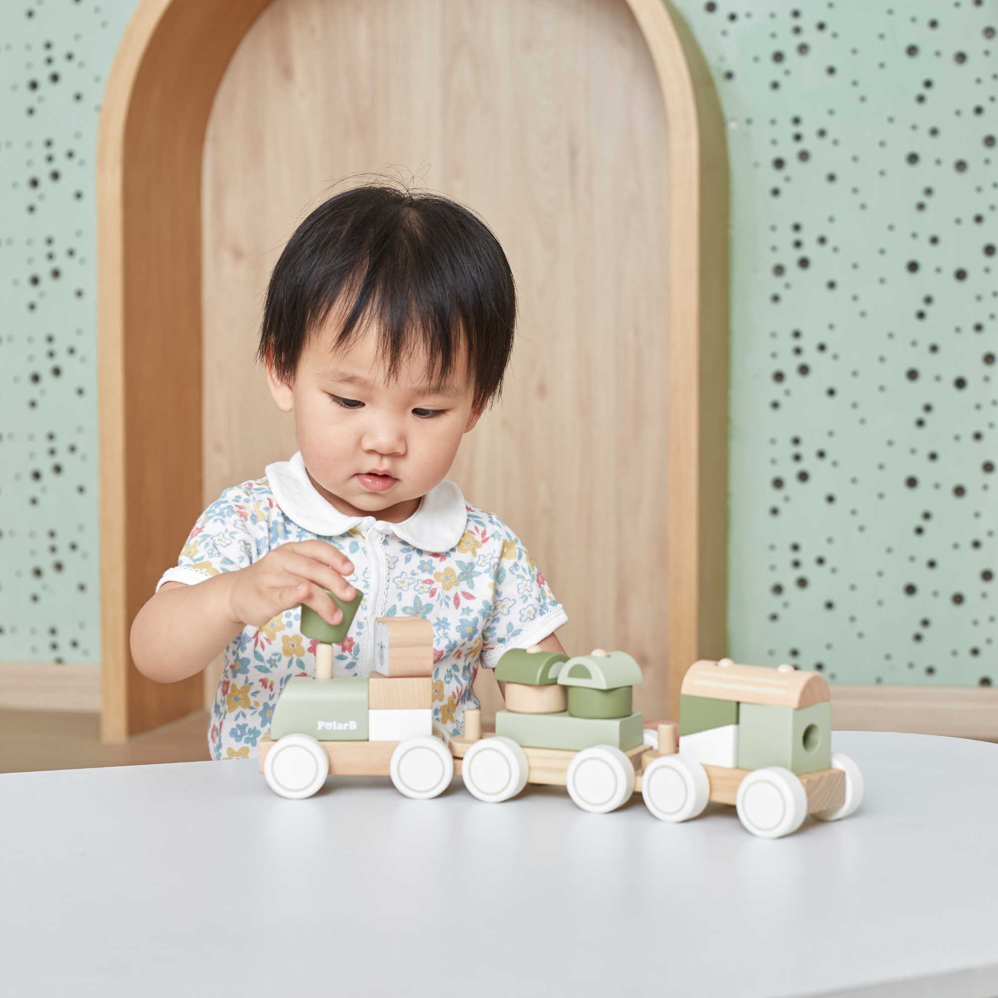 PolarB Wooden Stacking Train, Green, 2-in-1 Pull Toy and Shape Sorter, Educational Toy for Toddlers, Promotes Fine Motor Skills and Imaginative Play, Age 18 Months and Up