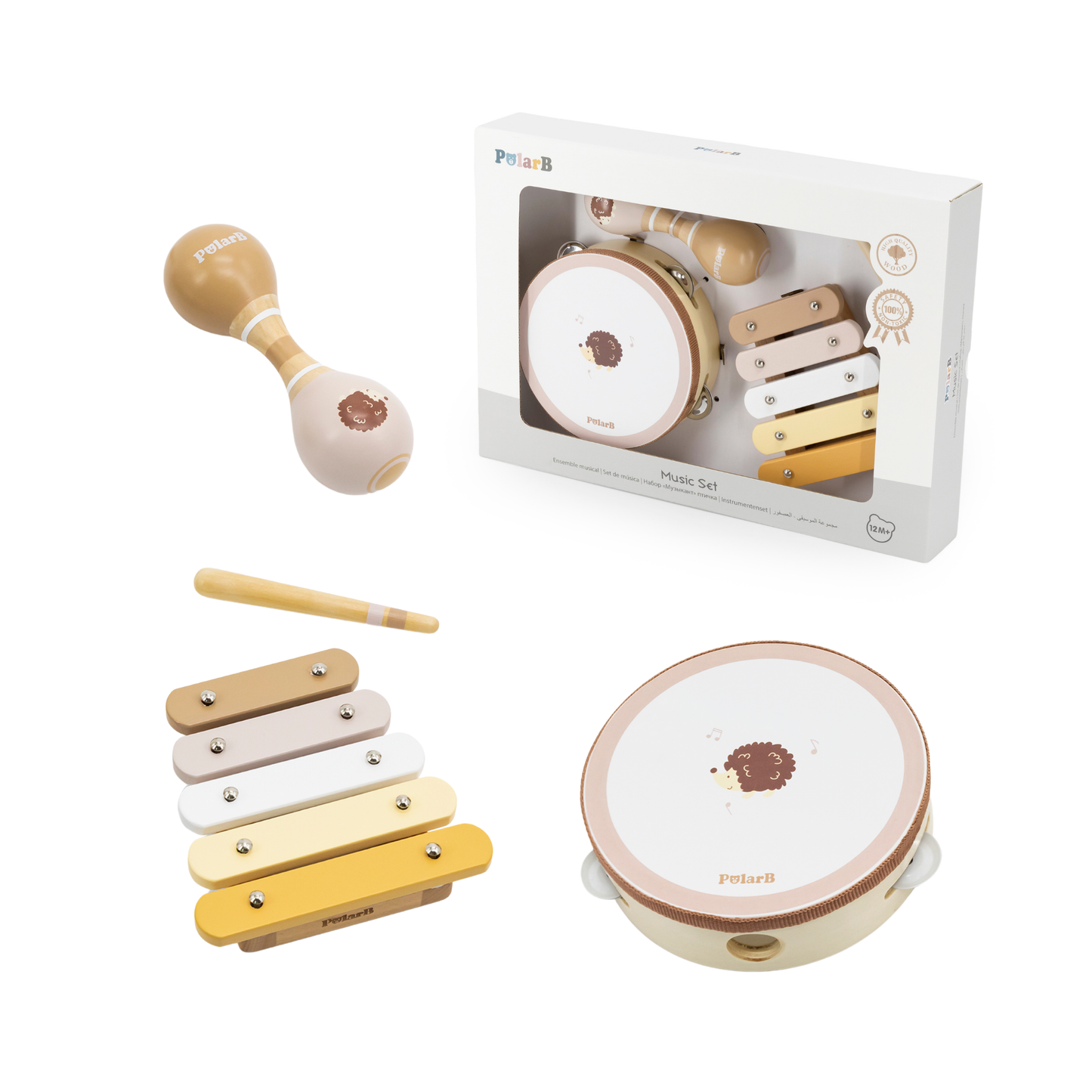 PolarB Hedgehog Wooden Music Set for Toddlers, Includes Tambourine, Maracas and Xylophone, Musical Instrument Toy Kit for Early Learning and Creative Play, 18 Months and Up