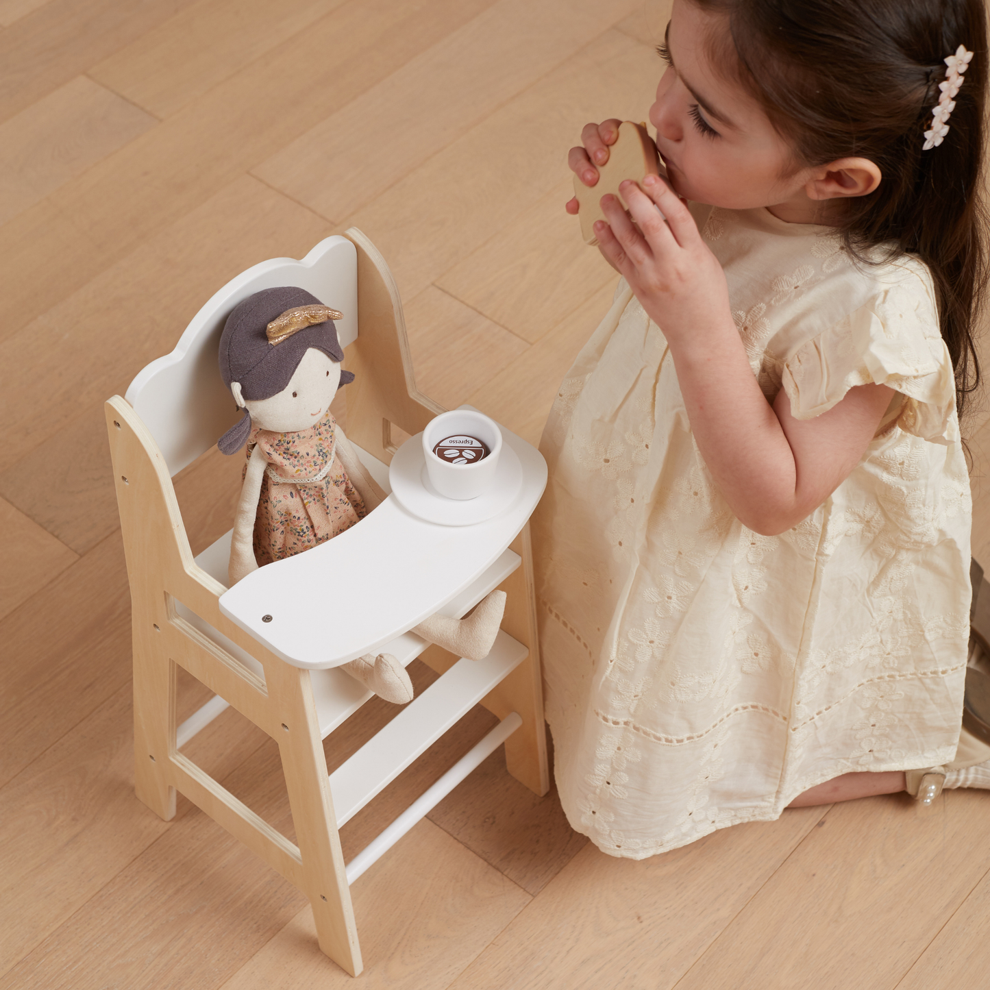 PolarB Wooden Doll Feeding High Chair, Fits Dolls Up to 38 cm, Encourages Role Play and Creativity, Solid Wood Toy for Ages 3+