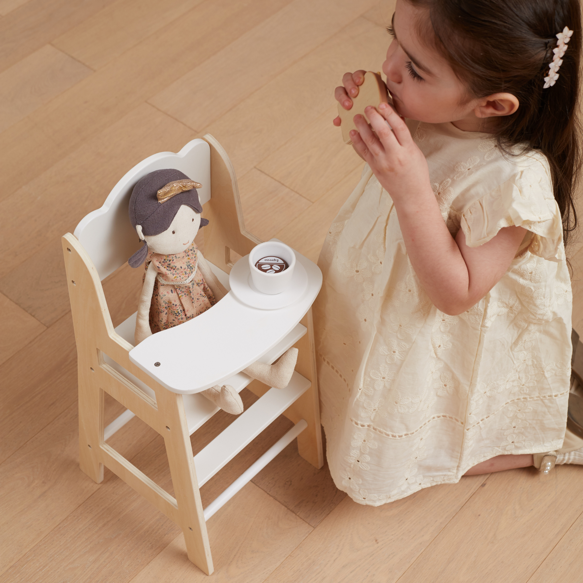 PolarB Wooden Doll Feeding High Chair, Fits Dolls Up to 38 cm, Encourages Role Play and Creativity, Solid Wood Toy for Ages 3+