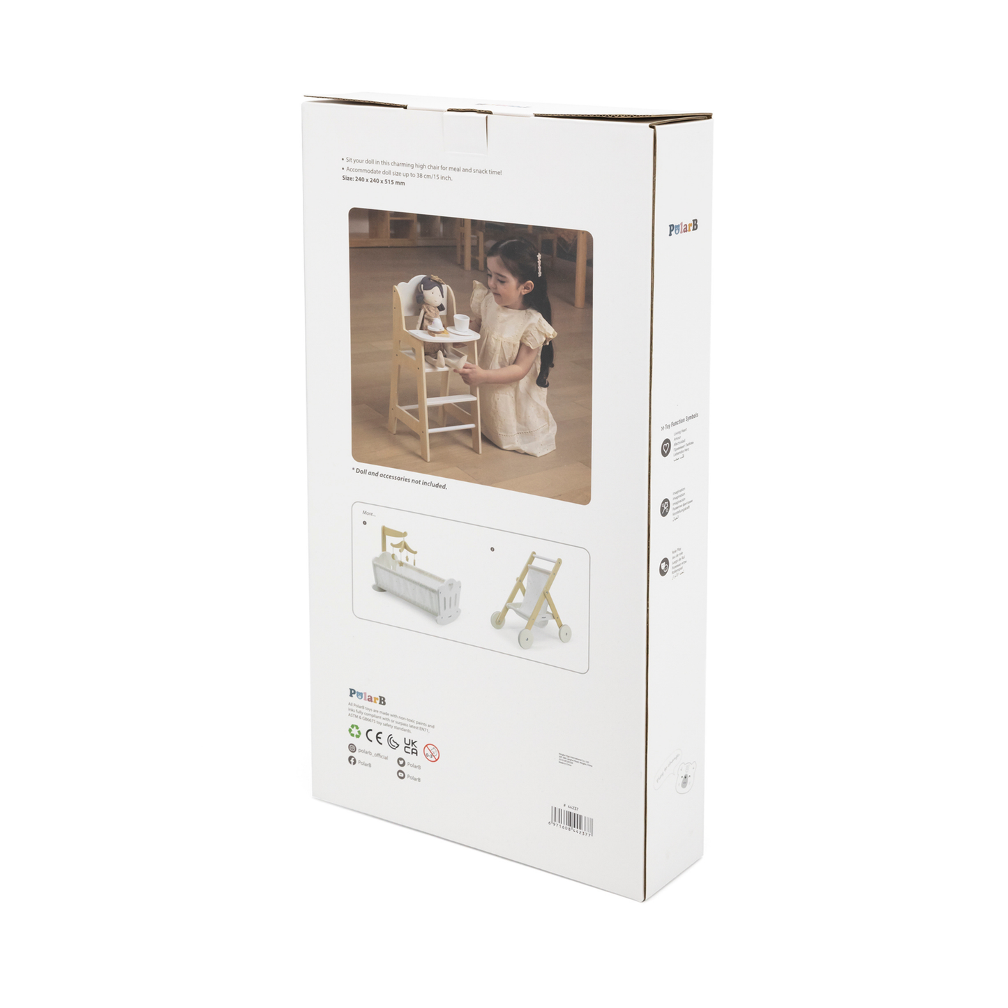 PolarB Wooden Doll Feeding High Chair, Fits Dolls Up to 38 cm, Encourages Role Play and Creativity, Solid Wood Toy for Ages 3+