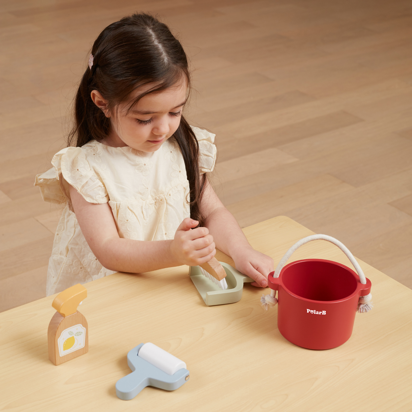 PolarB Wooden Cleaning Set for Kids, Realistic Pretend Play Cleaning Toys with Bucket, Brush, Dustpan, Montessori Toy for Children Ages 3 and Up