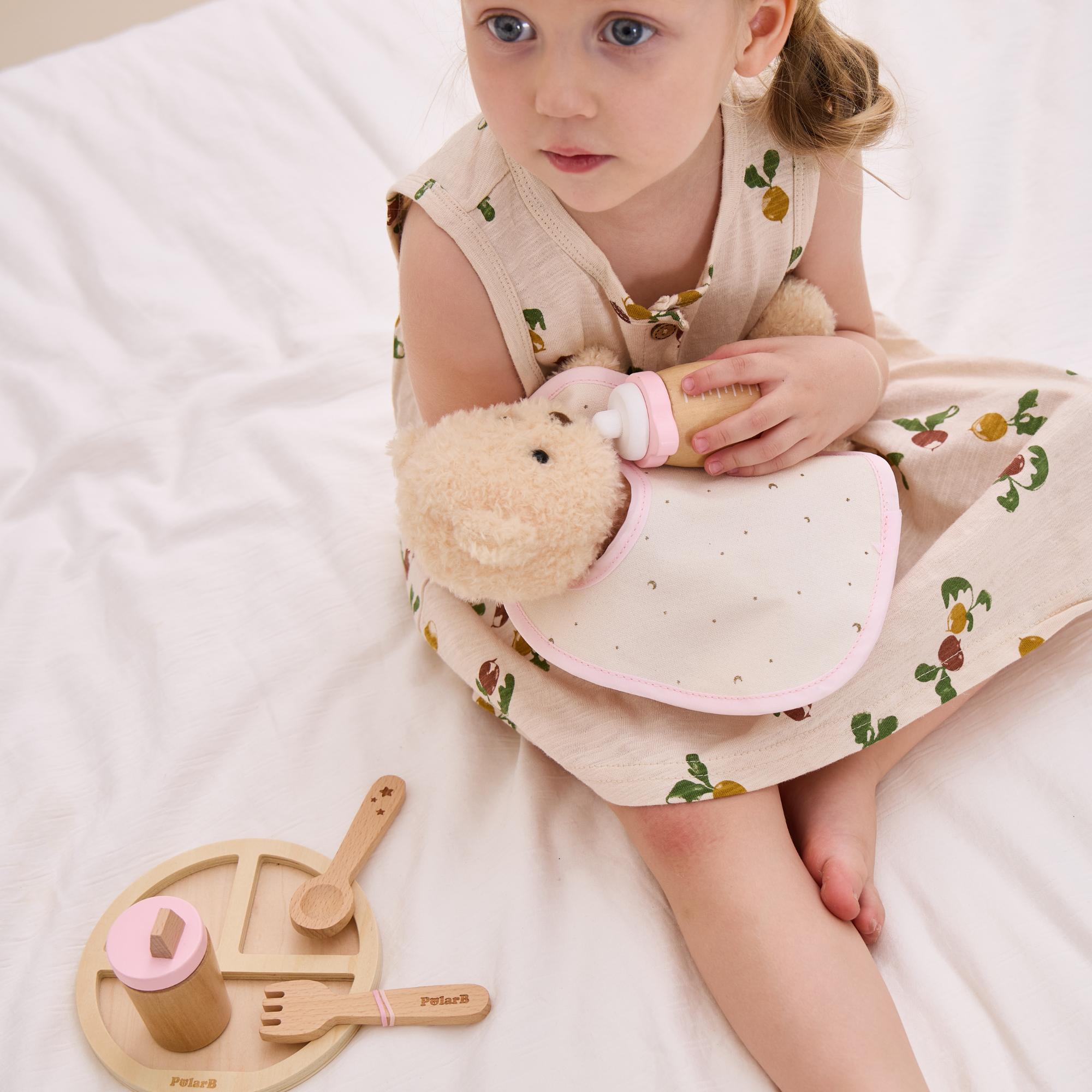 PolarB Wooden Doll Feeding Set for Kids, 8-Piece Pretend Play Set with Bag, Encourages Empathy, Imaginative Role Play and Social Skills, Ages 3 and Up