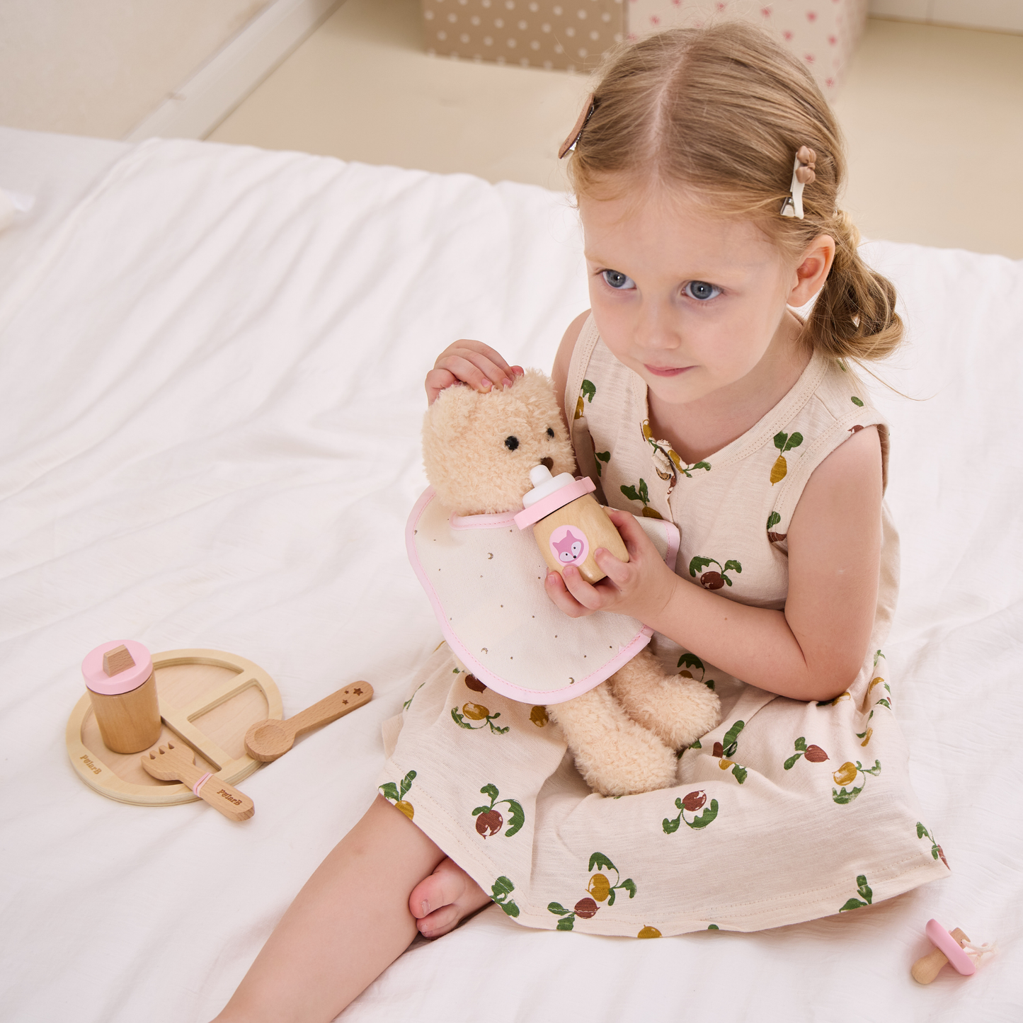 PolarB Wooden Doll Feeding Set for Kids, 8-Piece Pretend Play Set with Bag, Encourages Empathy, Imaginative Role Play and Social Skills, Ages 3 and Up