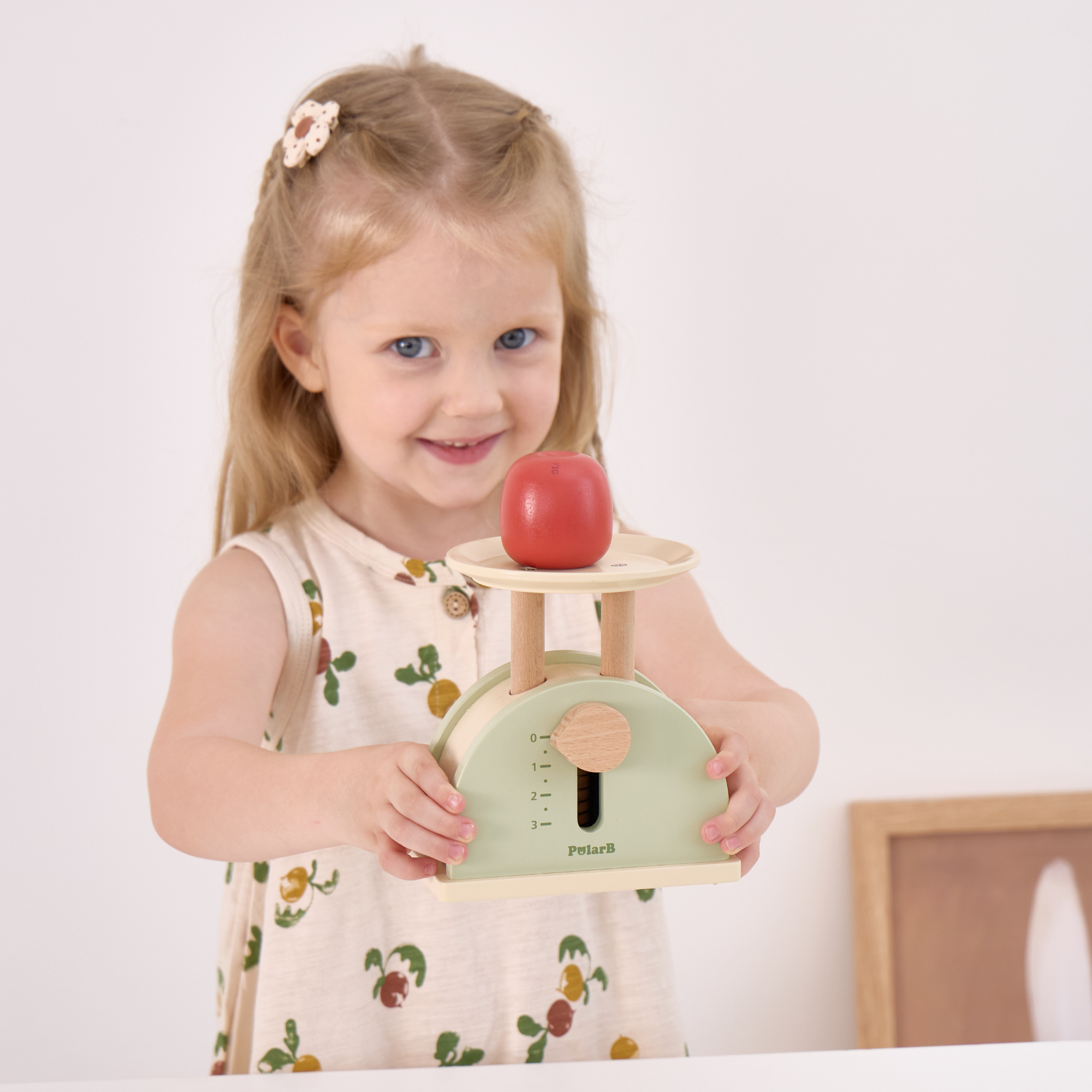 PolarB Wooden Kitchen Scales for Kids, Educational Pretend Play Toy for Role-Playing, Math Skills and Balance Concepts, Durable Wood Construction, Ages 3 and Up
