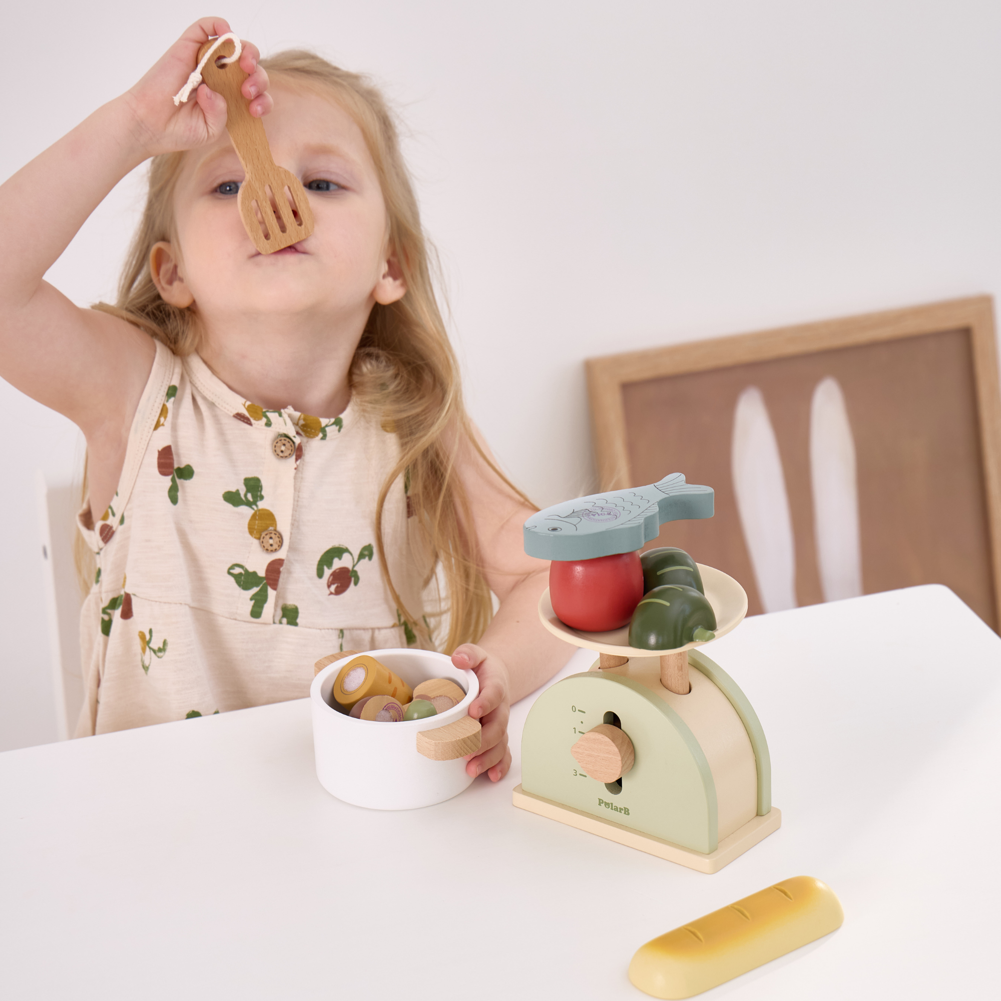 PolarB Wooden Kitchen Scales for Kids, Educational Pretend Play Toy for Role-Playing, Math Skills and Balance Concepts, Durable Wood Construction, Ages 3 and Up