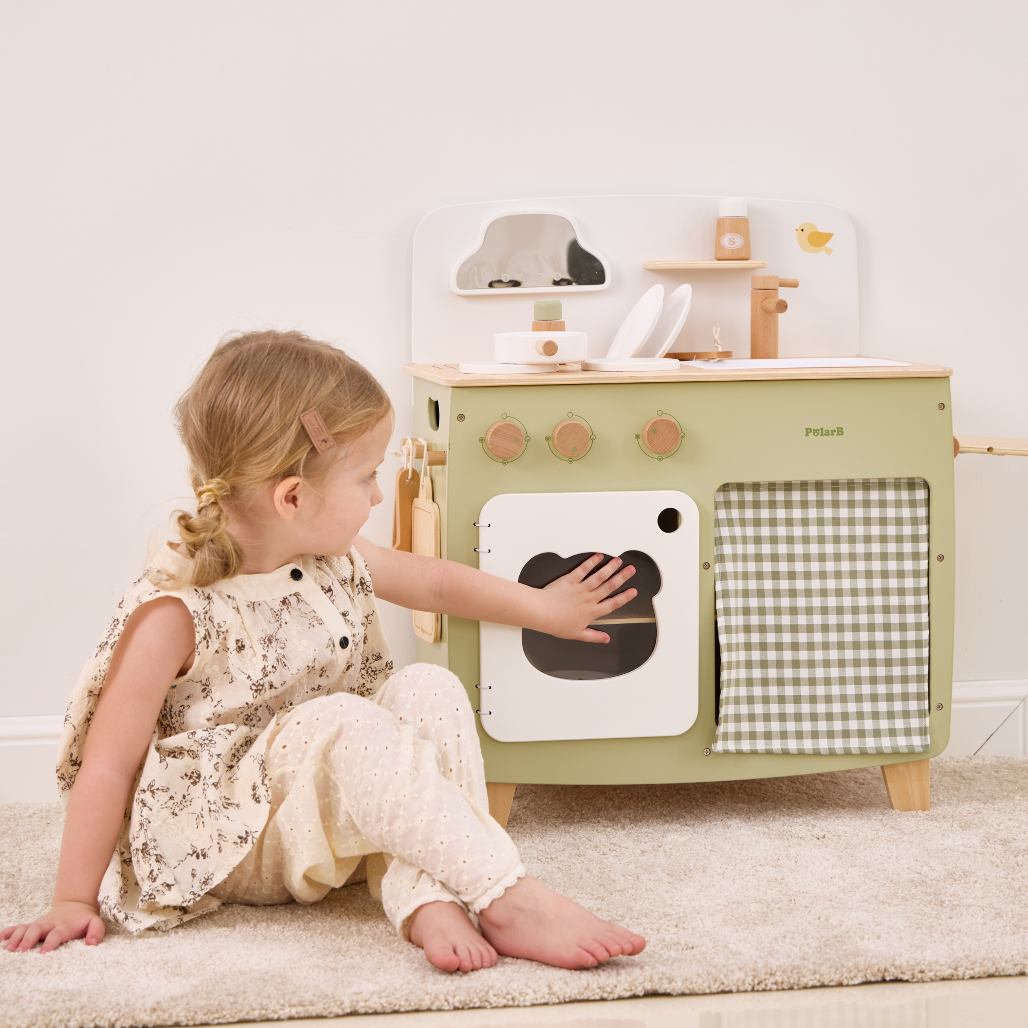 PolarB Wooden Play Kitchen Set for Kids, Pretend Cooking Toy with Stove, Sink, Oven, Utensils, Pots, and Foldable Side Table, Encourages Creative and Imaginative Play for Toddlers