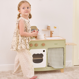 PolarB Wooden Play Kitchen Set for Kids, Pretend Cooking Toy with Stove, Sink, Oven, Utensils, Pots, and Foldable Side Table, Encourages Creative and Imaginative Play for Toddlers
