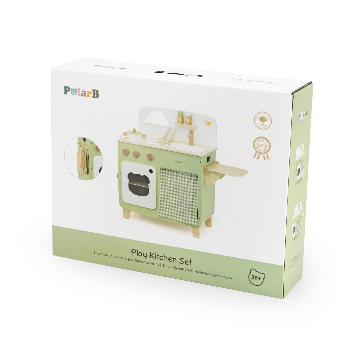 PolarB Wooden Play Kitchen Set for Kids, Pretend Cooking Toy with Stove, Sink, Oven, Utensils, Pots, and Foldable Side Table, Encourages Creative and Imaginative Play for Toddlers