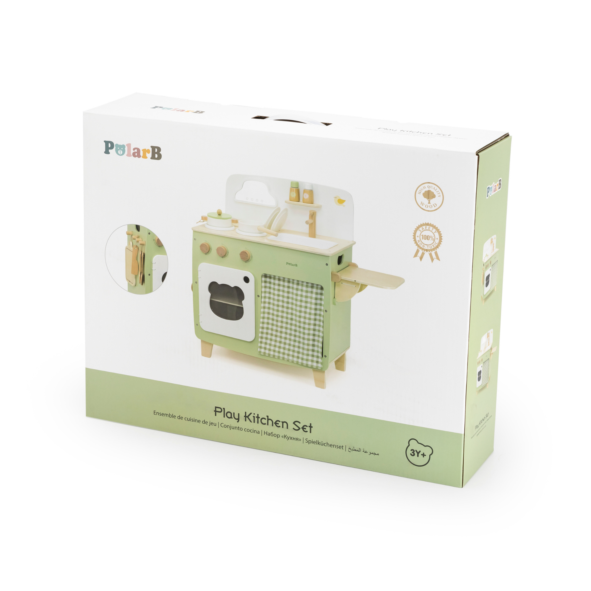 PolarB Wooden Play Kitchen Set for Kids, Pretend Cooking Toy with Stove, Sink, Oven, Utensils, Pots, and Foldable Side Table, Encourages Creative and Imaginative Play for Toddlers