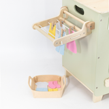 PolarB Wooden Washing Machine Play Set for Kids, Pretend Laundry Toy with Iron, Detergent, Basket, Clothes and Clips, Realistic Role Play for Toddlers and Children