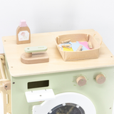 PolarB Wooden Washing Machine Play Set for Kids, Pretend Laundry Toy with Iron, Detergent, Basket, Clothes and Clips, Realistic Role Play for Toddlers and Children