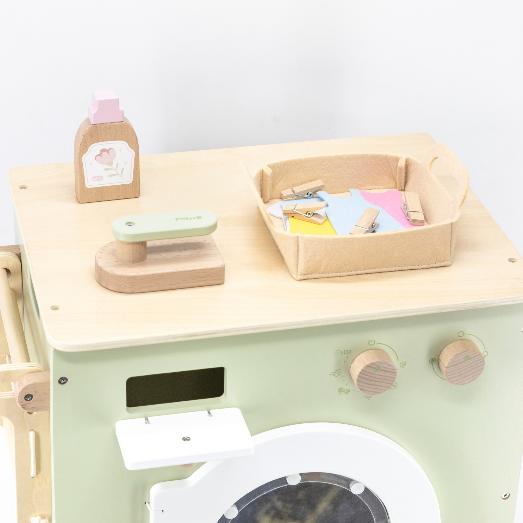 PolarB Wooden Washing Machine Play Set for Kids, Pretend Laundry Toy with Iron, Detergent, Basket, Clothes and Clips, Realistic Role Play for Toddlers and Children