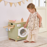PolarB Wooden Washing Machine Play Set for Kids, Pretend Laundry Toy with Iron, Detergent, Basket, Clothes and Clips, Realistic Role Play for Toddlers and Children