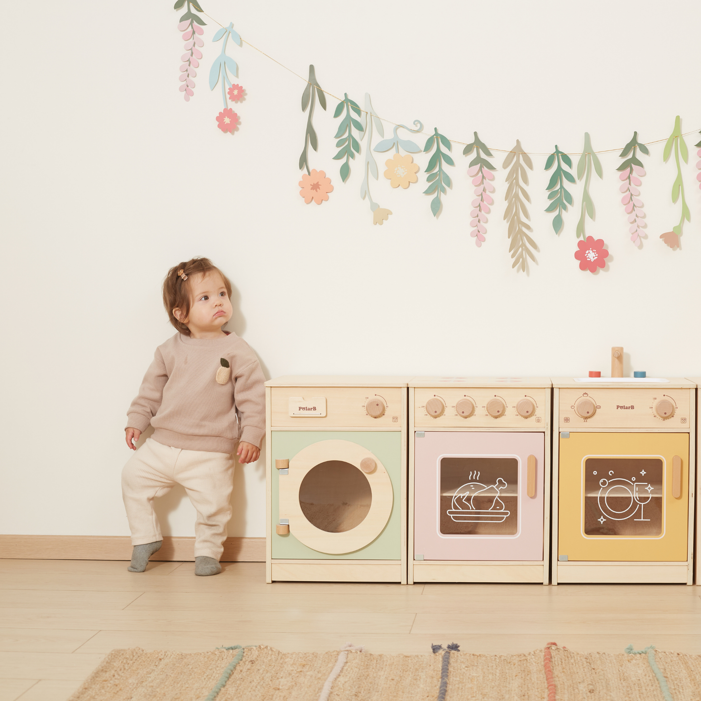 PolarB Wooden Kitchen Set for Toddlers with Fridge, Oven, Sink, and Washing Machine, Realistic Play Kitchen for Ages 18 Months and Up, Encourages Imaginative and Social Play