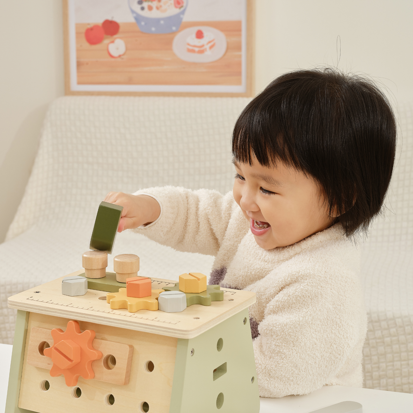 PolarB 2-in-1 Wooden Workbench and Tool Set for Kids, 30-Piece DIY Construction Play Set with Storage Basket, Promotes Imagination, Fine Motor Skills and STEM Learning, Ages 3+