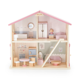 PolarB Wooden Dollhouse, 2-Story Playhouse with 16 Furniture Pieces, Pastel Pretend Play Set for Kids Ages 3+