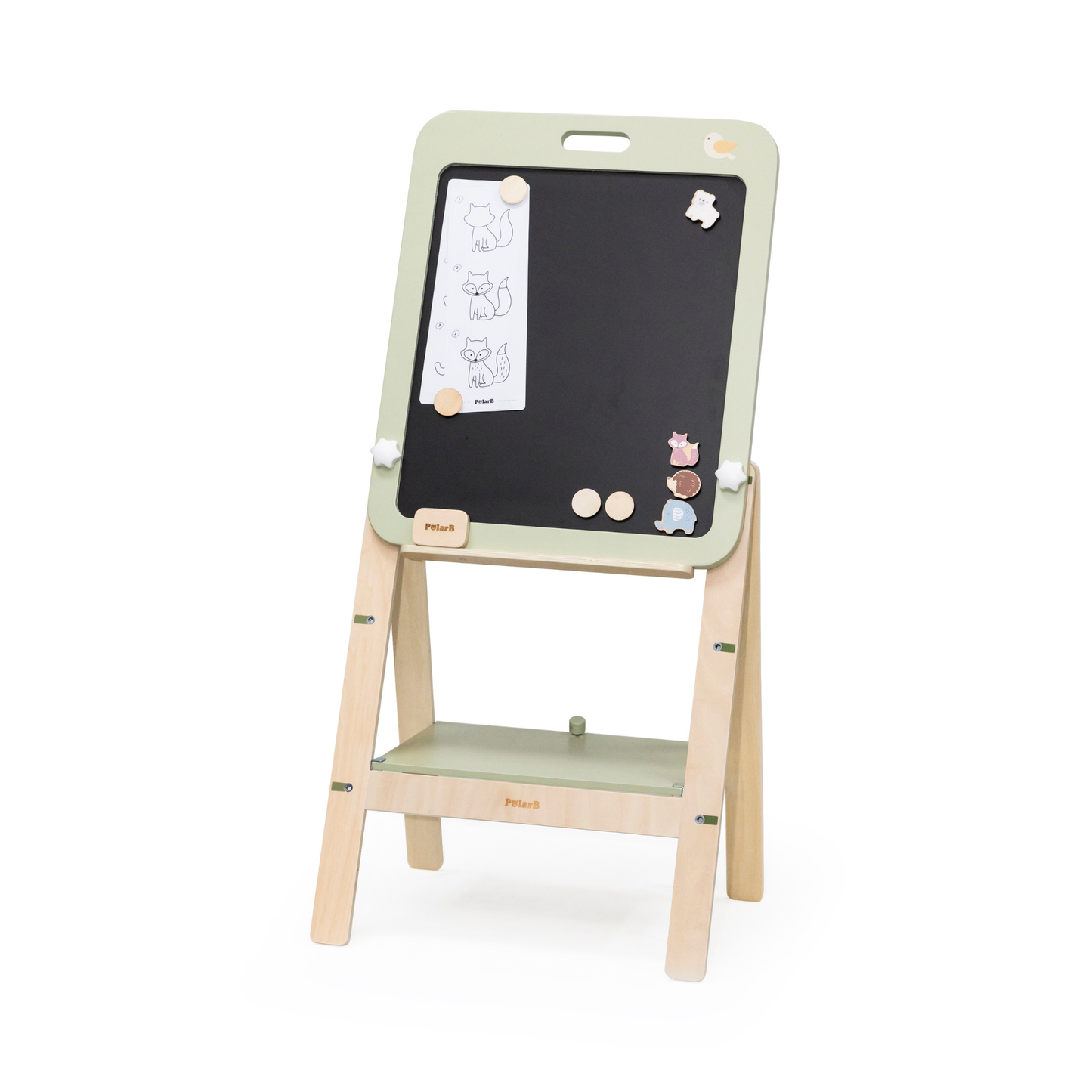 PolarB Wooden Standing Easel with Magnetic Boards, Double-Sided Height Adjustable Art Easel for Kids with Accessories, Animal Theme, Ages 3+
